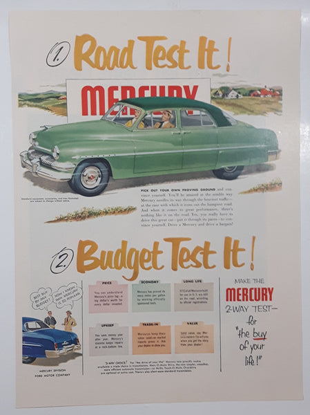 August 4th 1951 Saturday Evening Post Mercury Sedan Road Test It! Budget Test It! 10 1/4" x 14" Magazine Print Ad