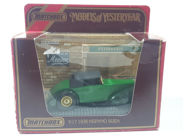 Vintage Matchbox Models of Yesteryear Y-17 1938 Hispano Suiza Green Die Cast Toy Car Vehicle and Chocolate Mernier Store Front New in Box