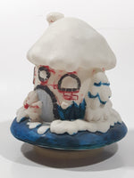1998 Y. D. CO. Santa Claus White and Blue Snow Covered Round House 5 1/2" Tall Plastic Wind Up Rotating Musical Ornament