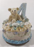 4th Birthday Cake Teddy Bear and Flower Themed 4" Tall Resin Wind Up Music Box