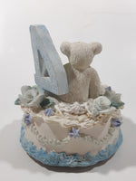 4th Birthday Cake Teddy Bear and Flower Themed 4" Tall Resin Wind Up Music Box