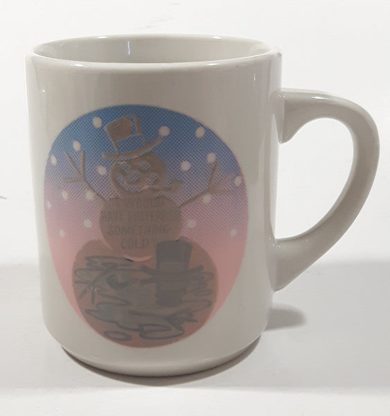 Denny's "I Would Have Preferred Something Cold." Snowman Themed 3 3/4" Tall Ceramic Coffee Mug Cup Chip On Rim