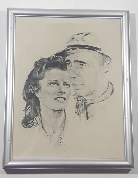 Vintage 1952 Movie Film "The African Queen" Katharine Hepburn and Humphrey Bogart 9" x 11 1/2" Framed Charcoal Pencil Sketch Print