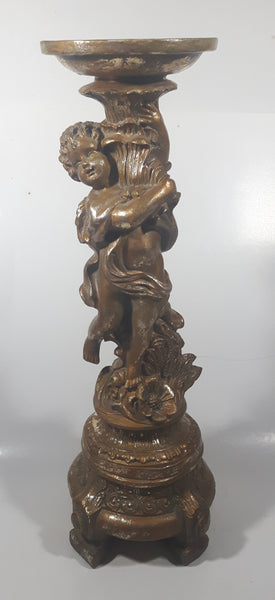 Vintage Ornate Cherub 14 1/2" Tall Gold Toned Aged Paint Carved Wood Pedestal Candle or Plant Holder Stand