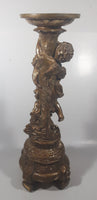 Vintage Ornate Cherub 14 1/2" Tall Gold Toned Aged Paint Carved Wood Pedestal Candle or Plant Holder Stand