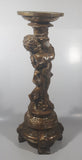 Vintage Ornate Cherub 14 1/2" Tall Gold Toned Aged Paint Carved Wood Pedestal Candle or Plant Holder Stand