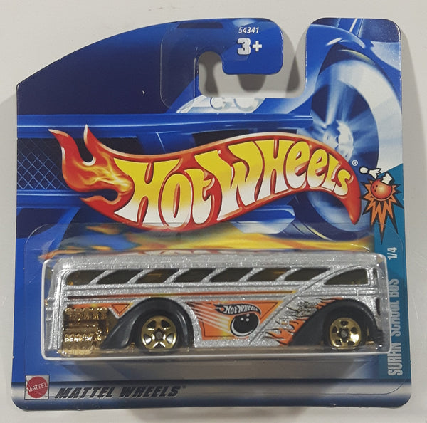 2002 Hot Wheels Spares 'N Strikes Surfin' School Bus Metalflake Silver Die Cast Toy Car Vehicle New in Package Short Card