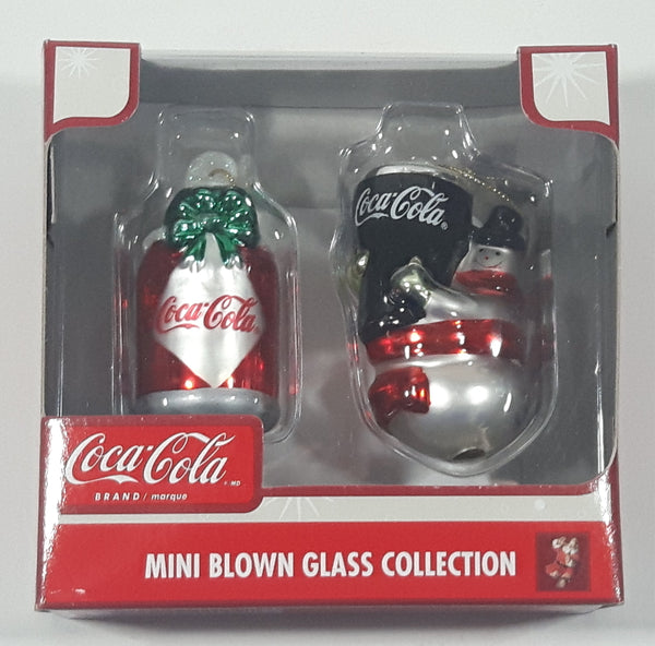 Coca Cola Mini Blown Glass Collection Can and Snowman with Cup Christmas Tree Ornament New in Box