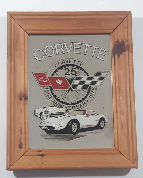 Vintage 1953 to 1978 Chevrolet Corvette 25th Anniversary 8 1/4" x 10 1/4" Wood Framed Mirror Sign