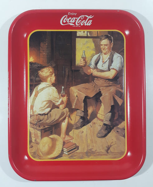 1988 Coca-Cola Coke Soda Pop "Village Blacksmith" Red Metal Beverage Serving Tray
