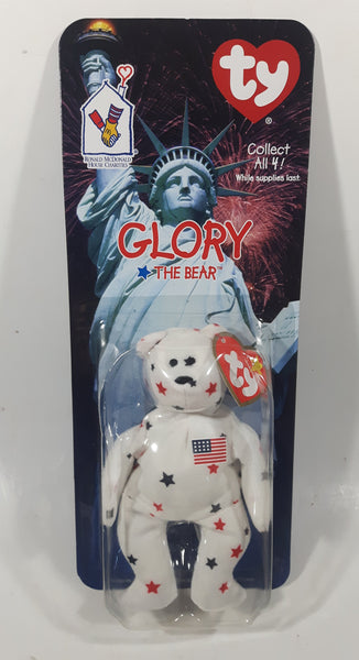 1999 McDonald's Ty Beanie Babies Glory The Bear White with Blue and Red Sars 5" Tall Plush Stuffed Animal Toy New in Package