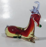 Vintage Laying Reindeer Red Green and Clear 6 1/4" Long Art Vaseline Uranium Glass Ornament