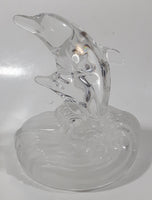 Vintage Two Dolphins Jumping Above Waves Lightly Frosted Clear 5 1/2" Tall Art Glass Ornament