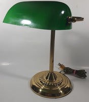 Vintage Style Curved Green Glass on Brass Bankers Desk Lamp 14" Tall