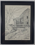 Cobblestone Building with Watermill Wheel 17" x 21" Framed Charcoal Pencil Sketch Signed