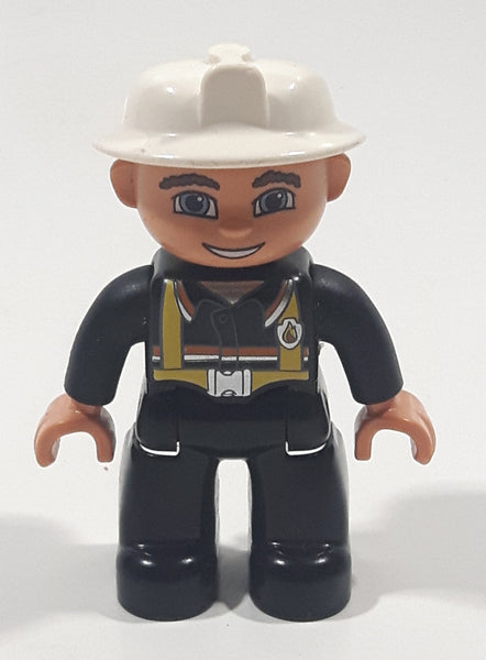 Lego Duplo Fire Chief Character Black Vest White Helmet 2 1/2" Tall Plastic Toy Figure