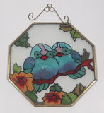 Vintage Blue Song Bird Octagon Shaped 6 1/4" x 6 1/4" Painted Stained Glass Suncatcher Needs Hanger Repair