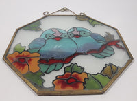 Vintage Blue Song Bird Octagon Shaped 6 1/4" x 6 1/4" Painted Stained Glass Suncatcher Needs Hanger Repair