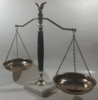 Vintage Scales of Justice Brass Eagle Topped 13 1/2" Tall Wood Column Marble Base Decorative Stand Made in Italy