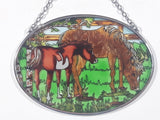 Mare Horse and Foal Baby Horse Small Oval Shaped 3 1/4" x 4 1/2" Painted Stained Glass Suncatcher