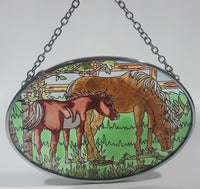 Mare Horse and Foal Baby Horse Small Oval Shaped 3 1/4" x 4 1/2" Painted Stained Glass Suncatcher