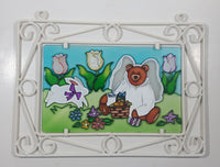 Teddy Bear Angel with Rabbit Picnic 9" x 12 5/8" Stained Glass Ornate White Painted Metal Frame