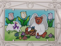 Teddy Bear Angel with Rabbit Picnic 9" x 12 5/8" Stained Glass Ornate White Painted Metal Frame