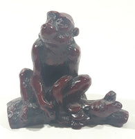 Monkey Sitting On A Log 3" Tall Red Resign Chinese Sculpture