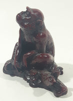 Monkey Sitting On A Log 3" Tall Red Resign Chinese Sculpture