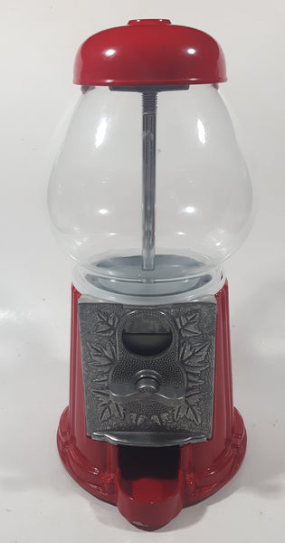 Vintage Style Embossed Leaf Pattern Red Metal Glass Globe 9" Tall Gumball Machine Candy Dispenser