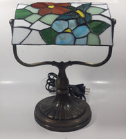 Vintage Blue Hummingbird Red and Blue Flowers Themed 12" Tall Stained Glass Banker's Lamp Style Table Lamp