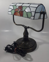 Vintage Blue Hummingbird Red and Blue Flowers Themed 12" Tall Stained Glass Banker's Lamp Style Table Lamp