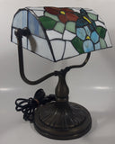 Vintage Blue Hummingbird Red and Blue Flowers Themed 12" Tall Stained Glass Banker's Lamp Style Table Lamp