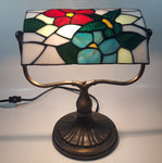 Vintage Blue Hummingbird Red and Blue Flowers Themed 12" Tall Stained Glass Banker's Lamp Style Table Lamp
