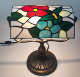 Vintage Blue Hummingbird Red and Blue Flowers Themed 12" Tall Stained Glass Banker's Lamp Style Table Lamp