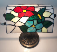 Vintage Blue Hummingbird Red and Blue Flowers Themed 12" Tall Stained Glass Banker's Lamp Style Table Lamp