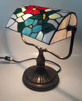 Vintage Blue Hummingbird Red and Blue Flowers Themed 12" Tall Stained Glass Banker's Lamp Style Table Lamp