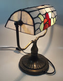 Vintage Blue Hummingbird Red and Blue Flowers Themed 12" Tall Stained Glass Banker's Lamp Style Table Lamp