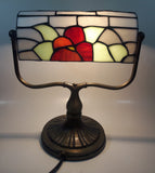 Vintage Blue Hummingbird Red and Blue Flowers Themed 12" Tall Stained Glass Banker's Lamp Style Table Lamp