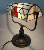 Vintage Blue Hummingbird Red and Blue Flowers Themed 12" Tall Stained Glass Banker's Lamp Style Table Lamp