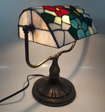 Vintage Blue Hummingbird Red and Blue Flowers Themed 12" Tall Stained Glass Banker's Lamp Style Table Lamp