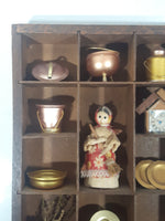 Vintage Cute Decorative Pots Pans Clocks Doll Copper Brass Miniature Wood Display Shelf Display
