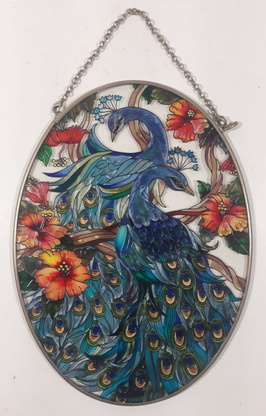 AMIA Kathleen Mckenna Detailed Blue Peacocks Oval Shaped Hand Painted Stained Glass Window Sun Catcher Hanging