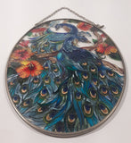 AMIA Kathleen Mckenna Detailed Blue Peacocks Oval Shaped Hand Painted Stained Glass Window Sun Catcher Hanging