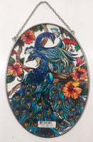 AMIA Kathleen Mckenna Detailed Blue Peacocks Oval Shaped Hand Painted Stained Glass Window Sun Catcher Hanging