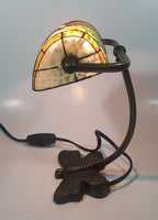 Beautiful Tiffany Style Butterfly Themed Stained Glass and Brass Butterfly Base Banker's Table Lamp Light 9 1/2" Tall