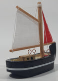 Red And White Sails Black Small Wooden Boat Model 2 3/4" Long