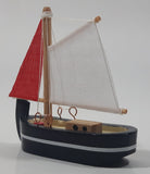 Red And White Sails Black Small Wooden Boat Model 2 3/4" Long