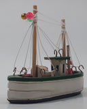 Fishing Trawler Sail Boat Detailed White And Green Small Wooden Boat Model 2 3/4" Long