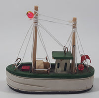 Fishing Trawler Sail Boat Detailed White And Green Small Wooden Boat Model 2 3/4" Long